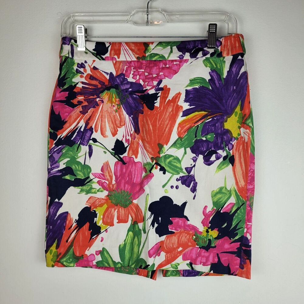 J.Crew bold floral pink purple green cotton pencil skirt Sz 4 office wedding